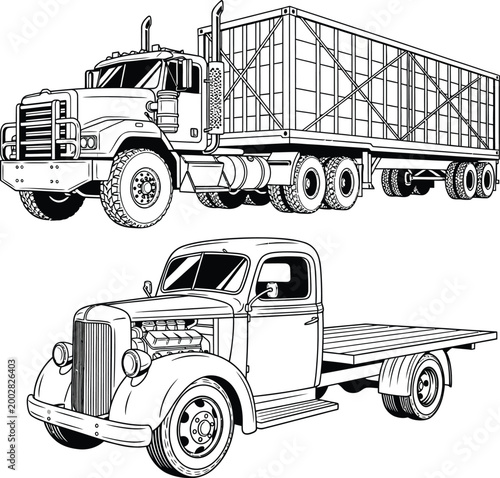 Black and white line art illustration of a semi truck and a vintage flatbed truck.