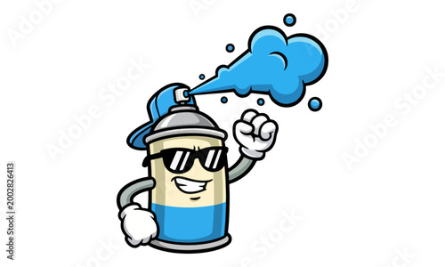Spray Paint Can Character Spraying Blue Ink Cartoon Illustration