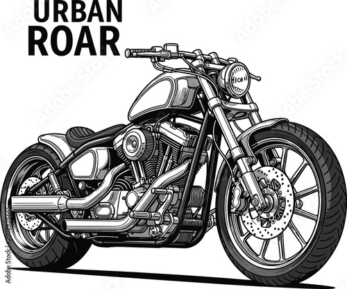Detailed hand drawn illustration of a powerful custom motorcycle.