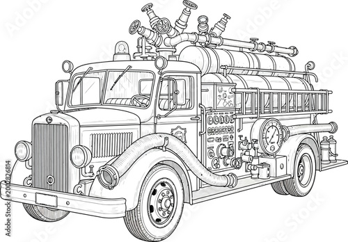 Detailed line art illustration of a classic vintage fire engine truck.