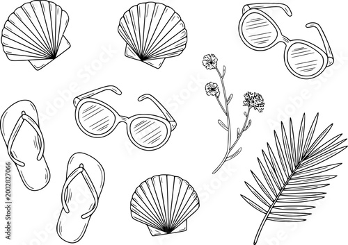 Hand-drawn summer beach seashells, sunglasses, flip-flops, palm leaf, flowers vacation