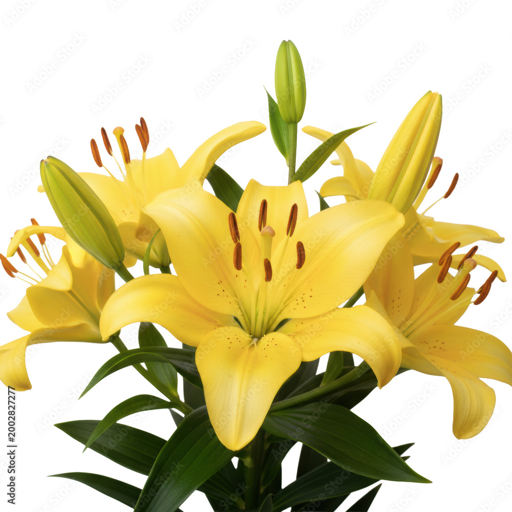 Obraz premium Vibrant yellow lily flowers with delicate speckled petals and green foliage, multiple blooms at various stages of opening on a transparent background, purity theme