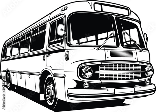 Detailed Vintage Bus Illustration in Classic Black and White Line Art Style.