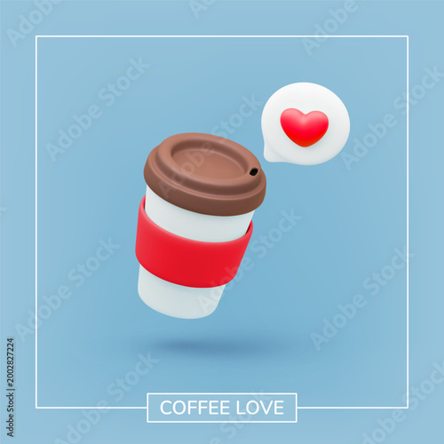 Paper coffee cup with heart symbol and love message. Disposable takeaway realistic cup with love symbol. Great for Valentine's Day cafe promotions or restaurant advertising templates with love theme.