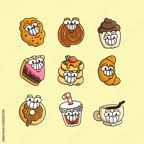 FUNNY CARTOON PASTRY AND COFFEE CHARACTERS COLLECTION SET