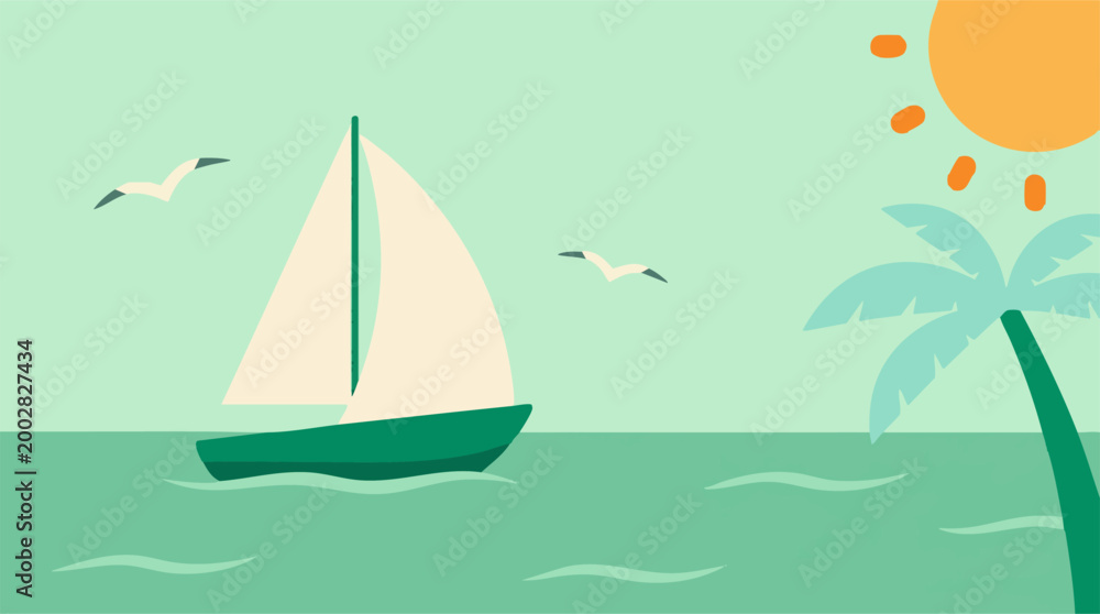 Naklejka premium Minimalist illustration of a sailboat on tropical waters under the sun
