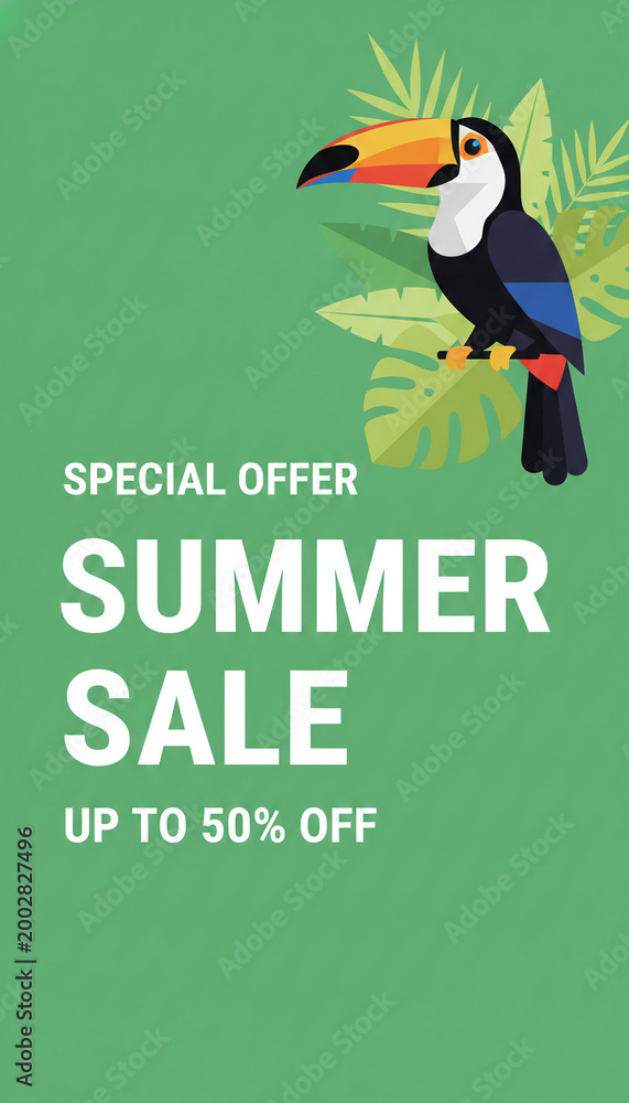 Fototapeta premium A toucan perches on tropical leaves, advertising a summer sale with a discount, symbolizing seasonal promotions and tropical themes