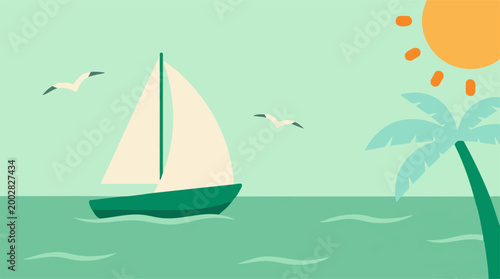 Minimalist illustration of a sailboat on tropical waters under the sun