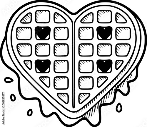 Heart shaped waffle with black hearts and dripping syrup, hand drawn style food sweet
