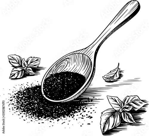 Hand-drawn wooden spoon filled with black pepper and fresh basil leaves