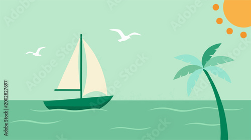 Minimalist Ocean Scene: Sailboat, Palm Tree, Sun, and Seagulls