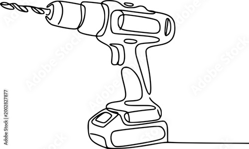 Minimalist continuous line of a cordless drill with a drill bit, black outline white