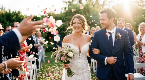 Bride and Groom walking down the aisle with rose petals falling