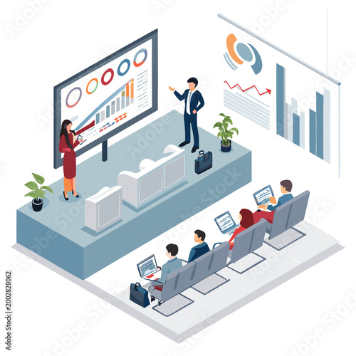 A business meeting where a presenter explains data charts on a large screen to an attentive audience using laptops. Ideal for corporate, finance, and educational concepts.