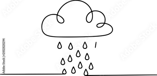Simple line cloud raining drops white background, water weather