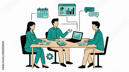 Business meeting concept with data visualization, scheduling, and discussion