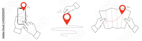 Navigation and destination - a collection of linear design elements with a red accent.  Vector illustration on a white background