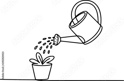 Simple line of watering can pouring water onto a small plant in a pot