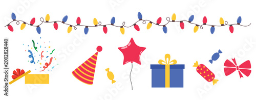 Party supplies - giftboxes, party hat, candies, bow, bunting. Flat vector illustration isolated on a white background