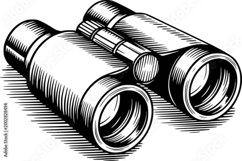 Vintage binoculars with engraved style white background, engraving optical instrument
