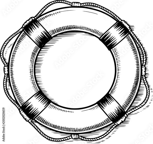Vintage black and white of a lifebuoy with rope white background, ring safety rescue