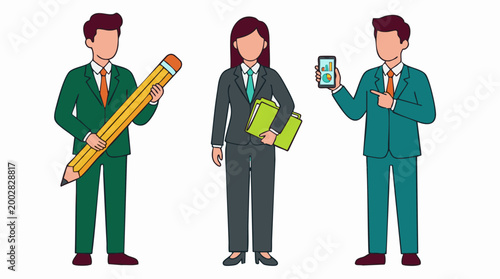 Flat design business people with pencil, folders, and smartphone analytics