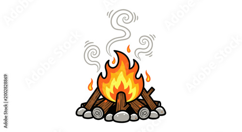 Burning campfire with flames and smoke.