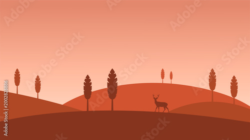 Minimalist Peach Nature Scene with Deer, Rolling Hills and Trees