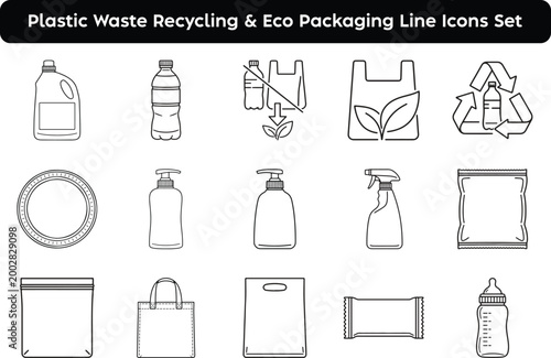 Plastic waste recycling and eco packaging line icons set simple vector symbols for environmental protection and sustainability concepts isolated on white background