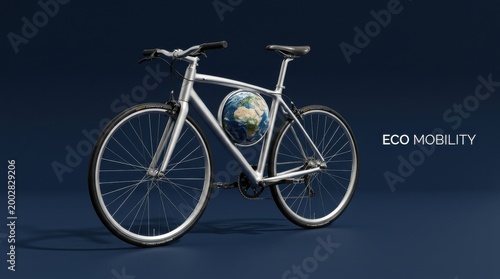 Eco-friendly bicycle with globe replaces traditional bike wheel on dark background