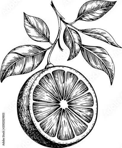Vintage ink of a half orange with leaves a branch, isolated fruit citrus slice