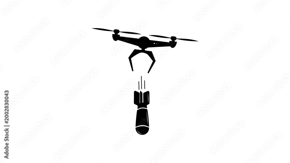 Obraz premium Drone dropping a bomb, black isolated vector silhouette