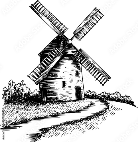 Vintage stone windmill with rotating blades a grassy hillside, ink building structure