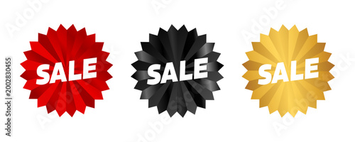 Sale badge, red, black and golden starburst stickers set, vector illustration