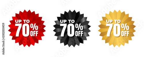 Up to 70 percent off sale badge, red, black and golden starburst stickers set, vector illustration