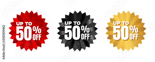 Up to 50 percent off sale badge, red, black and golden starburst stickers set, vector illustration