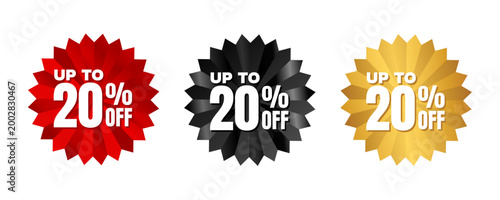 Up to 20 percent off sale badge, red, black and golden starburst stickers set, vector illustration