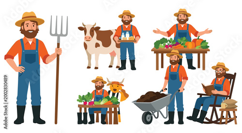 Organic farming illustrations showing man working with pitchfork cow and wheelbarrow. Cheerful gardener harvesting vegetables and relaxing in rocking chair after productive day in countryside.