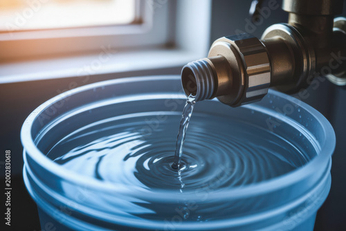 Water is flowing from a faucet into a large blue container, creating ripples on the water surface.