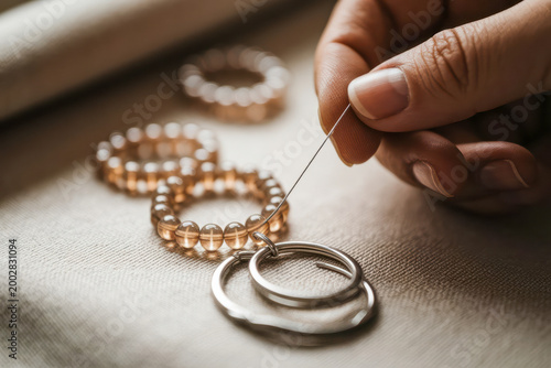 A close-up image of a hand threading a needle through a keyring and bead bracelet on a fabric surface.