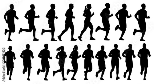 Running men and women, isolated vector silhouettes. Run, side view. Silhouettes of athletic looking male and female runners running. JPEG version.