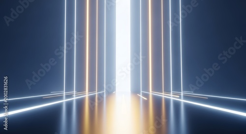 Futuristic neon light stage with glowing vertical lines, abstract sci-fi background with blue and gold laser beams, high-tech digital corridor