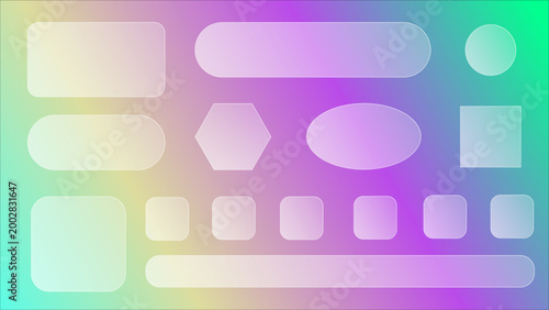 Set of transparent matte glass frames with editable size and transparency for UI UX design. Base for desktop shortcut template different rectangular round and oval shape on color gradient background.
