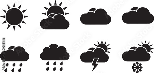 Weather icons set showing sunny, cloudy, rainy, and stormy conditions isolated on transparent background, Vector