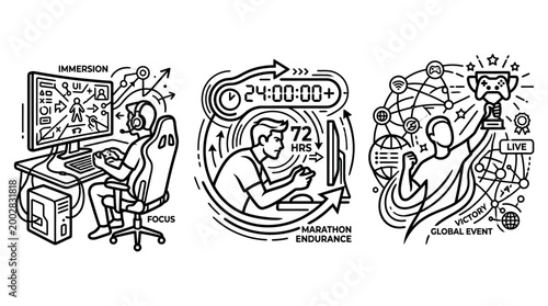 Esports Gaming Illustrations Depicting Focus, Marathon Endurance, and Global Event.