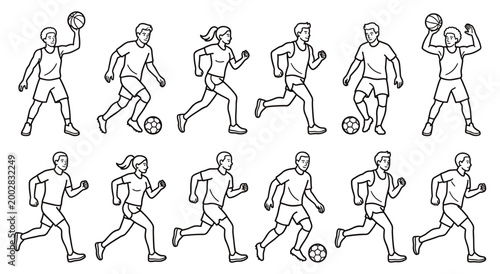 Set of various men and women actively engaging in different sports, including running, jogging, soccer, and basketball, depicted in simple doodle line art style,