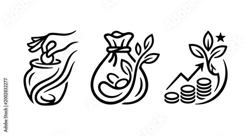 Financial Growth and Investment Concepts Illustrated in Simple Line Art.