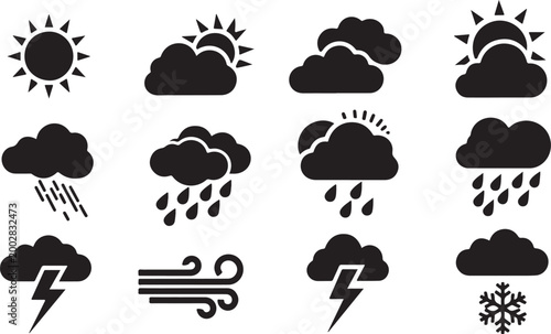 Set of weather icons with sun, rain, snow and storm isolated on transparent background, Vector