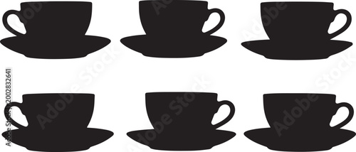 Black silhouette tea cups with saucers set isolated on transparent background, Vector