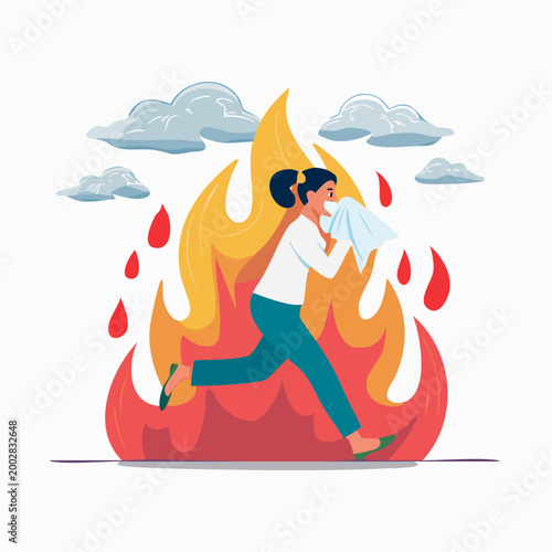Woman escaping a large fire, covering her mouth with a cloth